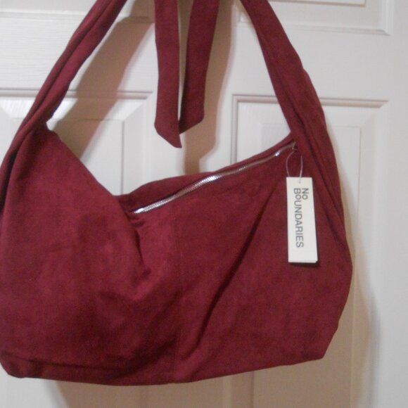NEW NO BOUNDARIES SUEDE FELT HOBO STYLE OVERSIZED TOTE CROSSBODY BAG WINE MAROON - Picture 8 of 9
